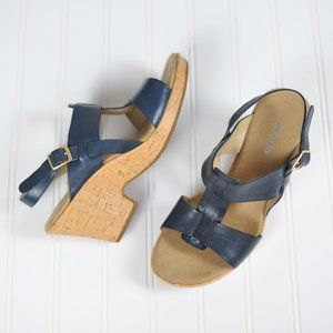 Clarks Navy Blue Leather T-Strap Heeled Sandals